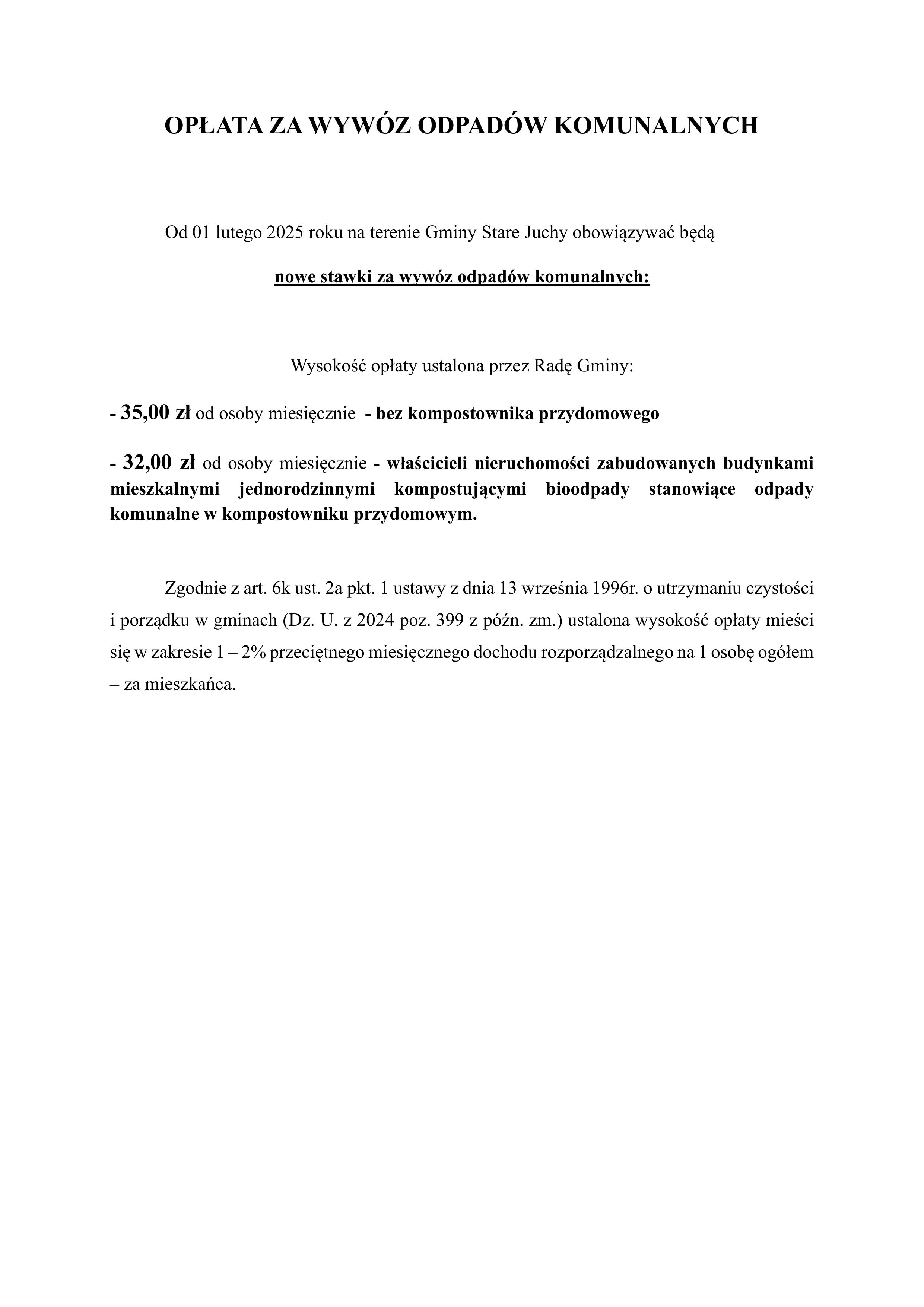 informacja o wysokości opłaty za odpady komunalne
